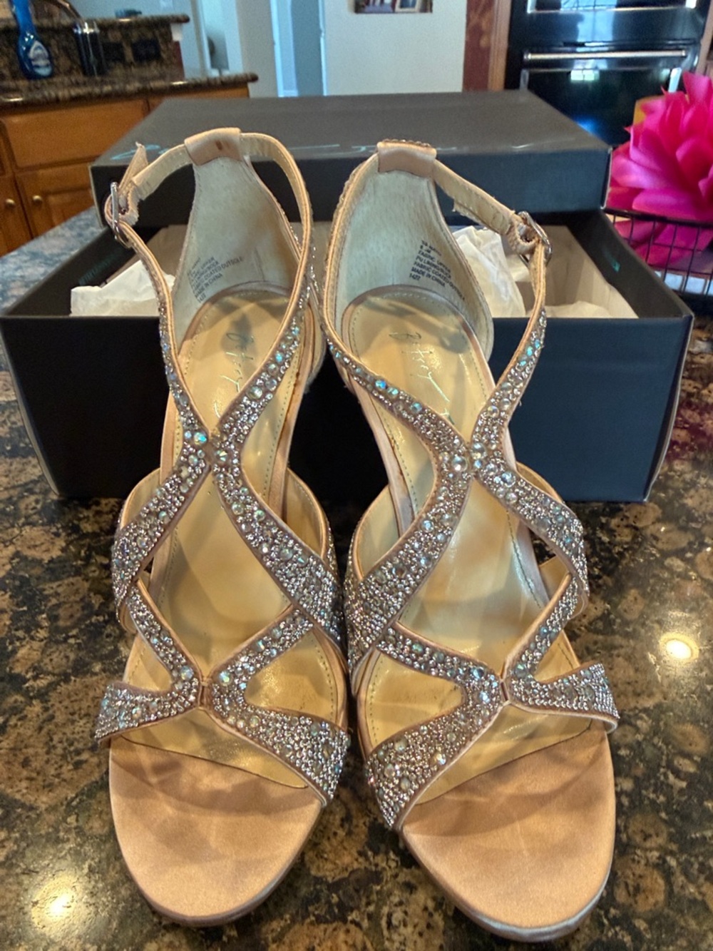 Betsey Johnson Rose Gold Crystal Strappy Heels